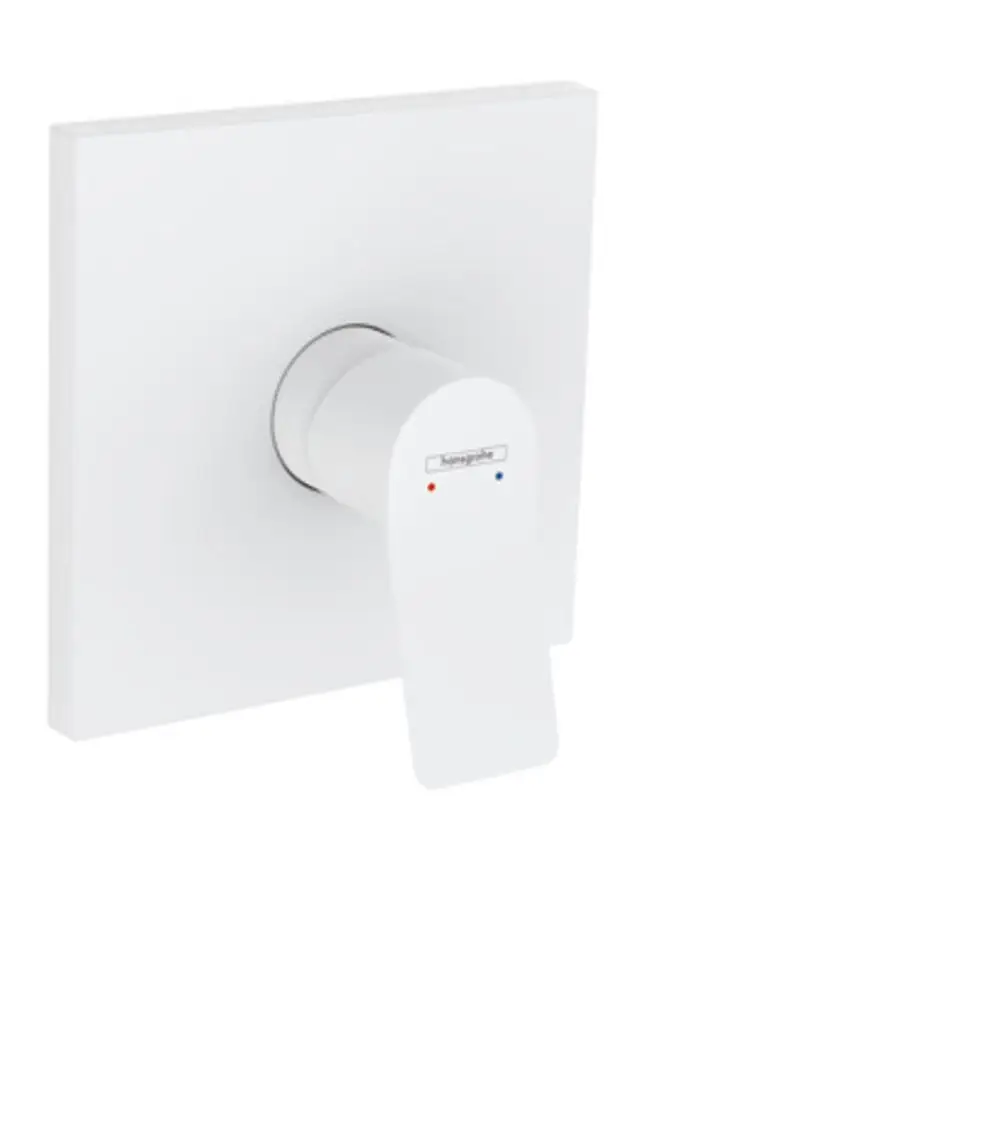 Weißer Unterputz-Brausemischer von Hansgrohe mit einem schmalen Hebel und farblichen Markierungen für Warm- und Kaltwasser, montiert auf einer quadratischen Grundfläche.